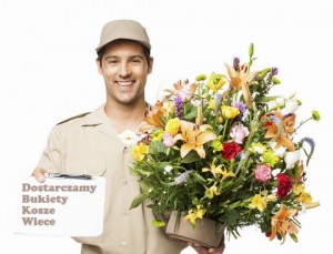 Portrait of a young florist holding bouquet of flowers and clipboard. Horizontal shot. Isolated on white.